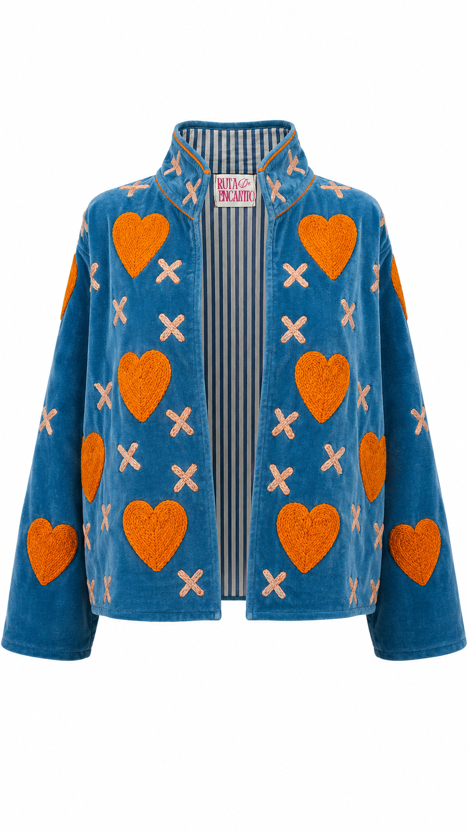 Azul con Corazones Naranjas y Cruces Blancas
