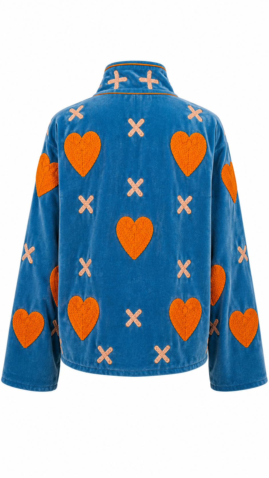 Azul con Corazones Naranjas y Cruces Blancas