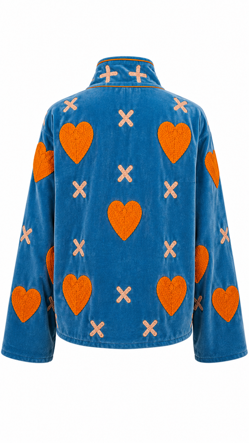 Azul con Corazones Naranjas y Cruces Blancas