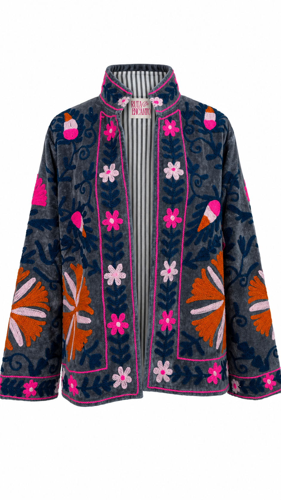 Azul marino con detalles en rosa y naranja