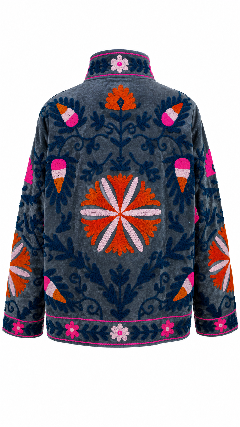 Azul marino con detalles en rosa y naranja