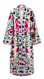 Kimono Blanco con detalles en Rosa Mexicano, Rojo y Azul