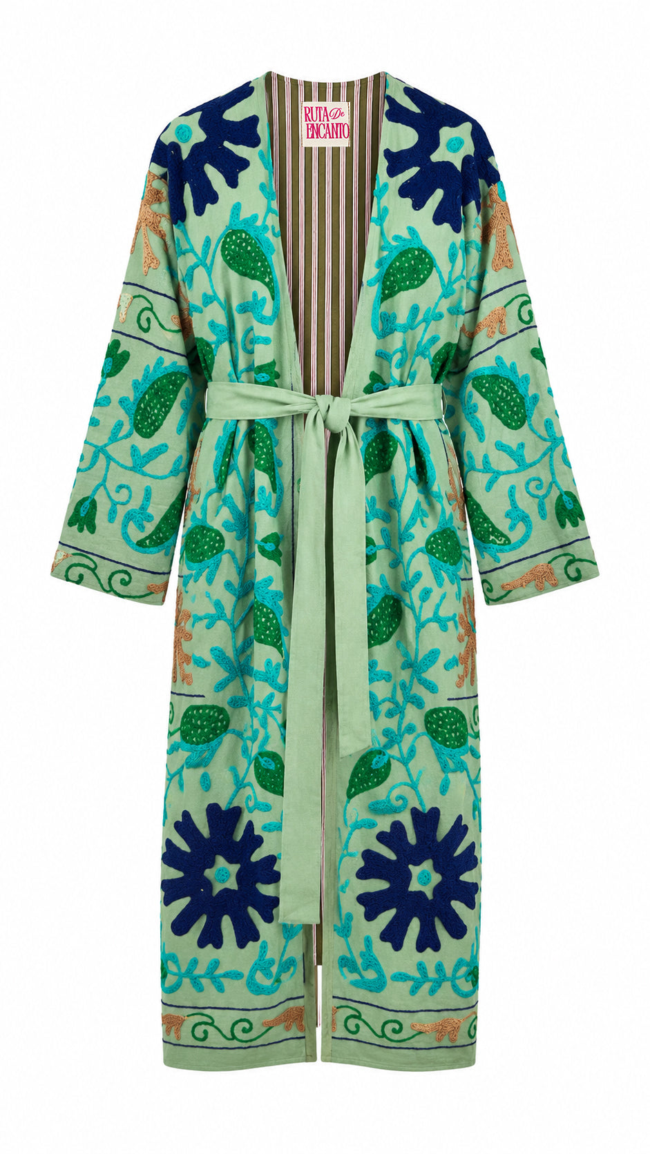 Kimono con detalles verdes, azul marino y café