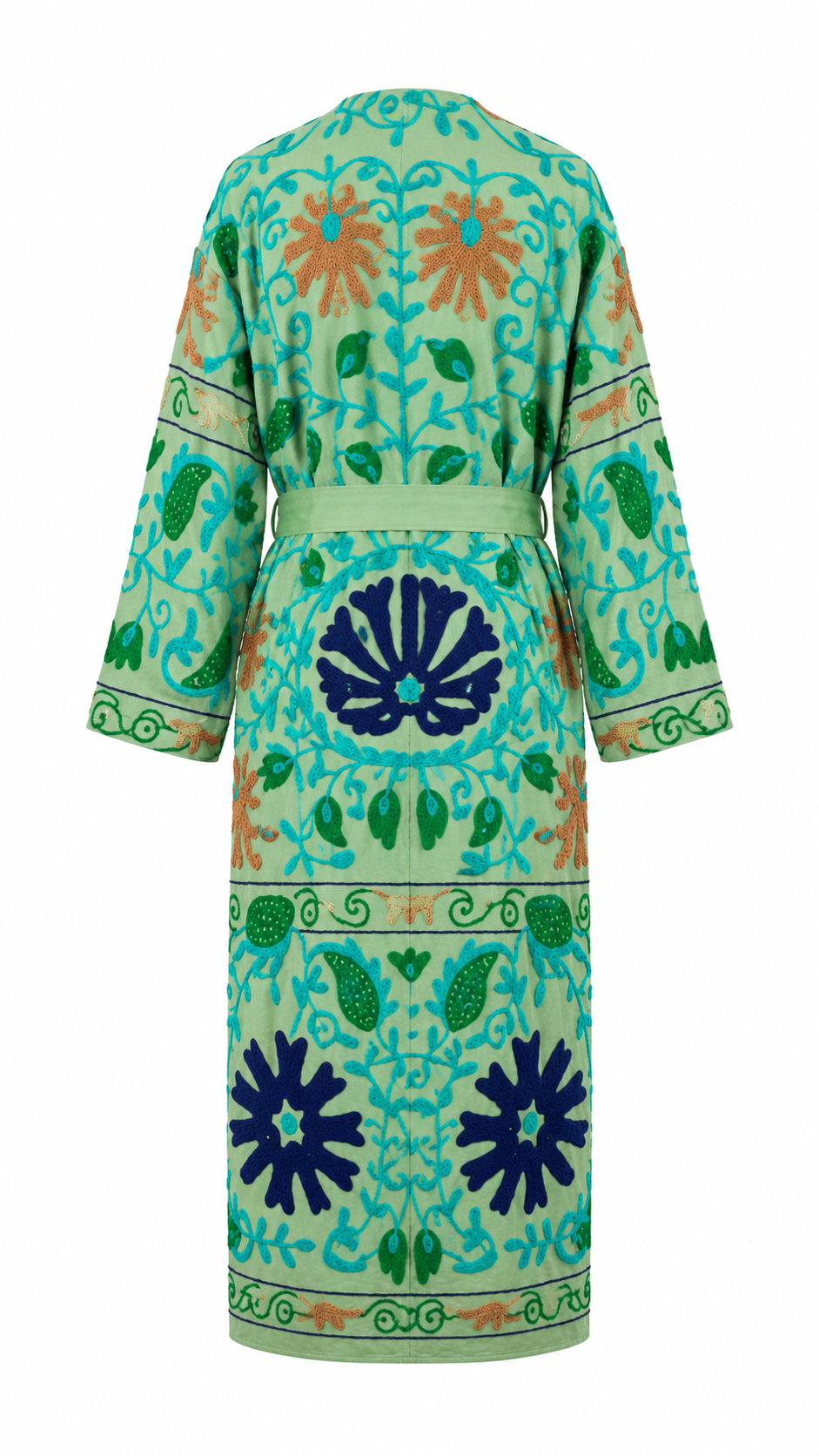 Kimono con detalles verdes, azul marino y café