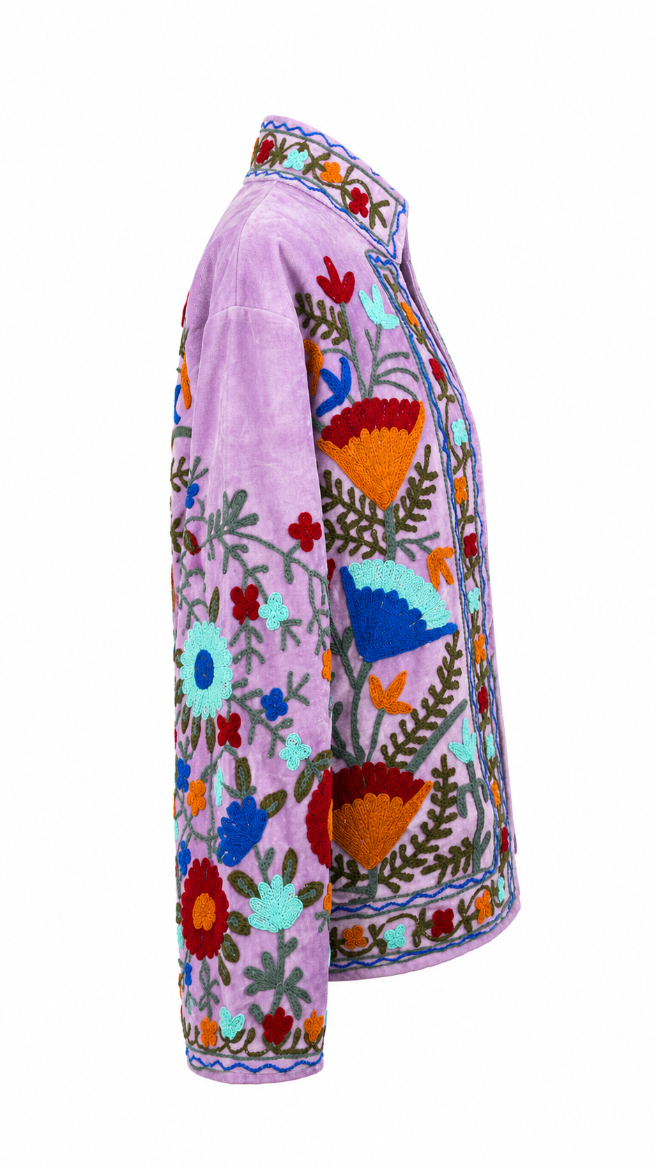 Lila con Flores naranjas, rojas y azul cielo